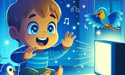 Une illustration destinée aux enfants représentant un garçon curieux et énergique, captivé par des écrans lumineux, observé par un oiseau chanteur, dans une chambre illuminée par la lueur bleue des écrans.