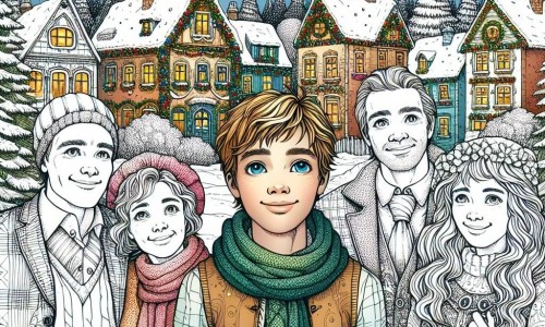 Une illustration destinée aux enfants représentant un garçon aux yeux pétillants, entouré de sa famille, dans un village enneigé aux maisons décorées de guirlandes scintillantes et de sapins parfumés.