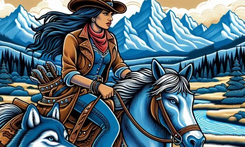 Une illustration destinée aux enfants représentant une cow-girl audacieuse, chevauchant à travers les vastes plaines de l'Ouest américain, accompagnée d'un loup loyal, à la recherche d'un trésor caché dans les majestueuses montagnes Rocheuses, avec en toile de fond un ciel d'un bleu éclatant et des paysages sauvages à perte de vue.