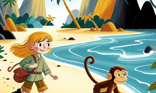 Une illustration destinée aux enfants représentant une jeune fille intrépide, accompagnée d'un singe espiègle, explorant une île mystérieuse aux plages de sable doré et aux grottes sombres, dans une aventure pleine de rebondissements.