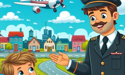Une illustration destinée aux enfants représentant un jeune homme passionné par les avions rencontrant un pilote mystérieux, dans une petite ville aux maisons colorées en bordure de l'aéroport, sous un ciel bleu parsemé de nuages cotonneux.