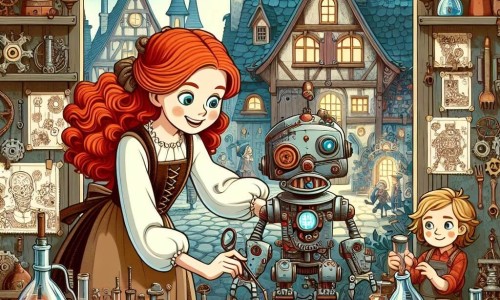Une illustration destinée aux enfants représentant une femme inventrice aux cheveux roux travaillant sur un robot farceur avec l'aide d'une fille et d'un garçon dans un laboratoire secret rempli de gadgets et de machines étranges au fond d'un jardin pittoresque d'un petit village.