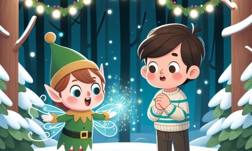 Une illustration destinée aux enfants représentant un jeune garçon émerveillé par sa rencontre avec un lutin magique dans une forêt enneigée ornée de guirlandes scintillantes.