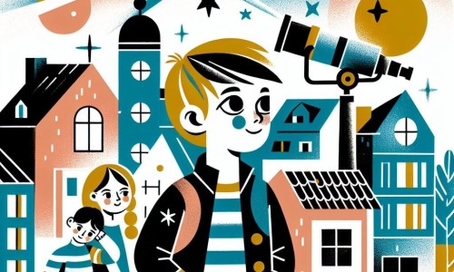Une illustration destinée aux enfants représentant un jeune garçon passionné par l'espace, accompagné de ses amis, une fille et un garçon, observant les étoiles depuis une petite ville aux maisons colorées et aux rues pavées.