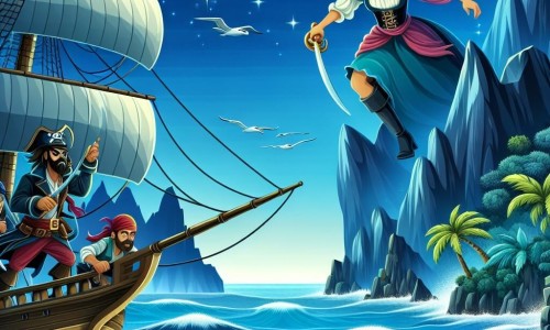 Une illustration destinée aux enfants représentant une courageuse pirate, naviguant sur un navire majestueux avec son équipage, affrontant un pirate rival redoutable, sur une île mystérieuse aux falaises escarpées et aux palmiers touffus, entourée d'une mer d'un bleu profond scintillant sous un ciel étoilé.