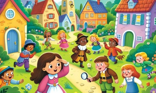 Une illustration destinée aux enfants représentant une petite fille courageuse, accompagnée de ses amis, en train de résoudre le mystère de la disparition d'un chat, dans un village pittoresque avec des maisons colorées et un jardin verdoyant.