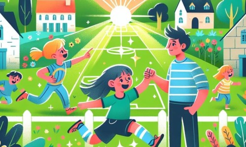 Une illustration destinée aux enfants représentant une petite fille passionnée par le football, brillant sur le terrain avec ses amis, accompagnée de son père bienveillant, dans un petit village au cœur de la campagne, rempli de fleurs colorées et de maisons en pierre.
