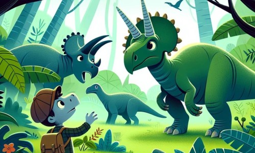 Une illustration destinée aux enfants représentant un vélociraptor curieux découvrant un tricératops perdu dans une forêt jurassique luxuriante et mystérieuse.