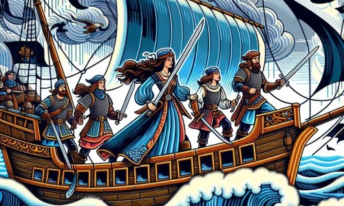 Une illustration destinée aux enfants représentant une courageuse pirate au cœur vaillant, accompagnée de son fidèle équipage, sur un navire majestueux naviguant au milieu d'une mer agitée, à la recherche d'un trésor légendaire caché sur une île mystérieuse.