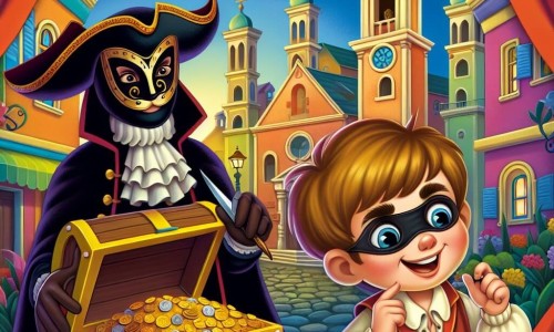 Une illustration destinée aux enfants représentant un petit garçon espiègle déguisé en pirate, découvrant un trésor caché par un mystérieux personnage masqué dans une petite place cachée derrière l'église de la ville colorée de Joyville, lors du grand carnaval annuel.