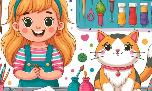 Une illustration destinée aux enfants représentant une petite fille joyeuse et créative préparant une surprise pour sa maman, accompagnée de son fidèle chat, dans un atelier coloré rempli d'outils artistiques et de fournitures créatives.