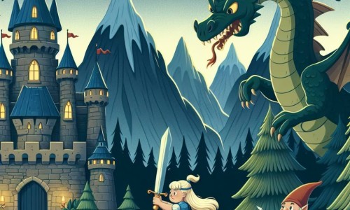 Une illustration destinée aux enfants représentant une jeune chevalière courageuse affrontant un dragon terrifiant dans un château majestueux entouré de forêts sombres et de montagnes escarpées, avec l'aide d'un gnome malicieux dans une forêt enchantée où les arbres murmurent des secrets anciens.