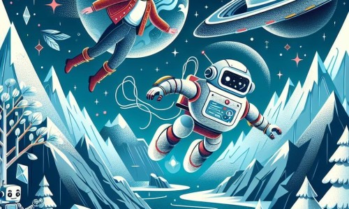 Une illustration destinée aux enfants représentant une femme intrépide, flottant dans l'espace dans son vaisseau spatial futuriste, accompagnée d'un robot bienveillant, explorant une planète aux montagnes cristallines, aux océans étincelants et aux arbres argentés.