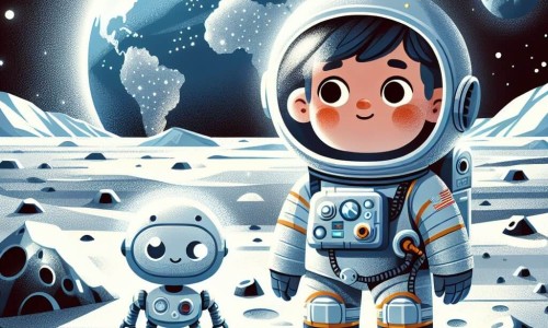 Une illustration destinée aux enfants représentant un astronaute intrépide, en combinaison spatiale, accompagné d'un petit robot, explorant un paysage lunaire parsemé de cratères et baigné d'une lumière argentée, avec la Terre majestueuse en arrière-plan.