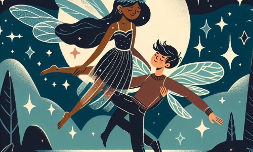 Une illustration destinée aux enfants représentant un rêveur romantique, un homme, élevé dans les airs par une fée étoilée, une fille aux ailes chatoyantes, près de la rivière scintillante sous la lueur de la lune.