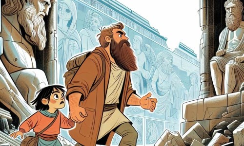 Une illustration destinée aux enfants représentant un homme barbu et curieux, accompagné d'une jeune fille pleine d'énergie, explorant une cité perdue aux ruines anciennes, jonchées de statues gigantesques et de fresques murales.