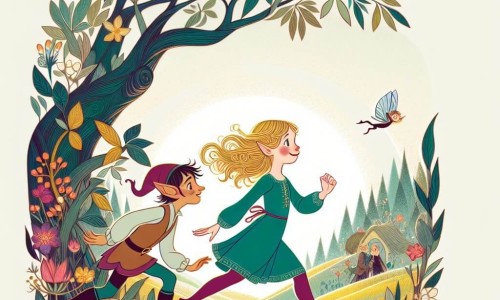 Une illustration destinée aux enfants représentant une jeune fille intrépide se lançant dans une quête magique avec son compagnon, un lutin espiègle, à travers un monde enchanté où les arbres chantent et les fleurs parlent.
