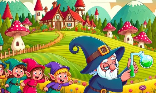 Une illustration destinée aux enfants représentant un sorcier distrait en train de poursuivre une potion dansante, accompagné de lutins joyeux, dans un village enchanté entouré de champs colorés et de maisons en forme de champignons.