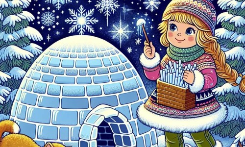 Une illustration destinée aux enfants représentant une jeune fille pleine de vie, construisant un igloo magique avec l'aide de son chat, dans un jardin enneigé parsemé de grands sapins aux branches courbées sous le poids de la neige scintillante.