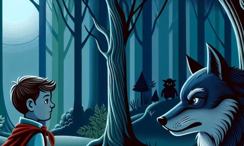 Une illustration destinée aux enfants représentant un jeune garçon rusé confronté au grand méchant loup dans une forêt sombre et mystérieuse, où les arbres semblent murmurer des secrets anciens.