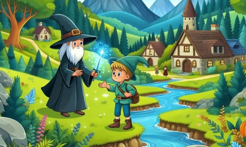 Une illustration destinée aux enfants représentant un jeune apprenti sorcier courageux affrontant des épreuves magiques, accompagné d'une sorcière bienveillante, dans un petit village reculé entouré de montagnes verdoyantes et de rivières scintillantes.