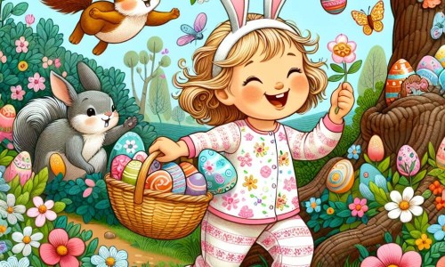 Une illustration destinée aux enfants représentant une joyeuse petite fille en pyjama lapin, partant à la chasse aux œufs dans un jardin fleuri où les lapins gambadent et les fleurs éclatent de couleurs, accompagnée de son cousin et guidée par un écureuil farceur et un poisson volant, à la recherche d'un trésor chocolaté caché sous l'ombre d'un majestueux chêne centenaire.