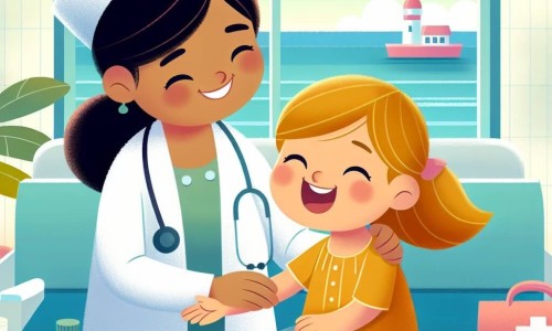 Une illustration destinée aux enfants représentant une jeune fille au sourire chaleureux soignant une petite fille joyeuse dans un hôpital lumineux au bord de la mer.