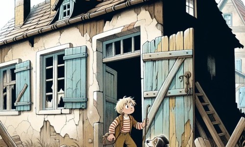 Une illustration destinée aux enfants représentant un jeune garçon curieux et aventurier, accompagné de son fidèle chien, explorant une mystérieuse maison abandonnée aux volets décrépis et à la porte couverte de poussière, dans une petite ville tranquille appelée Châtelain.