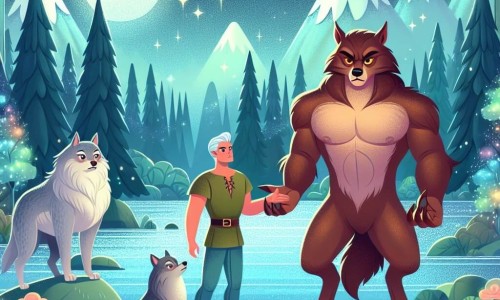 Une illustration destinée aux enfants représentant un loup-garou courageux affrontant un chef maléfique, accompagné d'un fidèle loup solitaire, dans un monde magique aux arbres chatoyants, aux montagnes scintillantes et aux rivières de cristal.