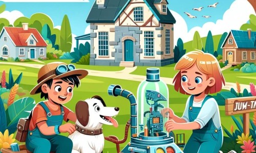 Une illustration destinée aux enfants représentant un garçon espiègle et son chien construisant une machine à remonter le temps pour voyager à l'époque des dinosaures, accompagnés de leur amie Léa, dans un village paisible entouré de jardins verdoyants et de maisons colorées.