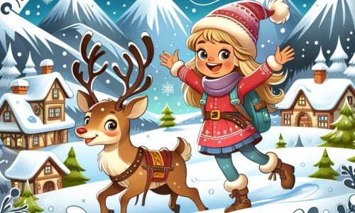 Une illustration destinée aux enfants représentant une jeune fille pleine de joie, se préparant à une aventure extraordinaire pour rencontrer le père Noël, accompagnée d'un renne amical, dans un village pittoresque entouré de montagnes enneigées et de flocons de neige tourbillonnants.