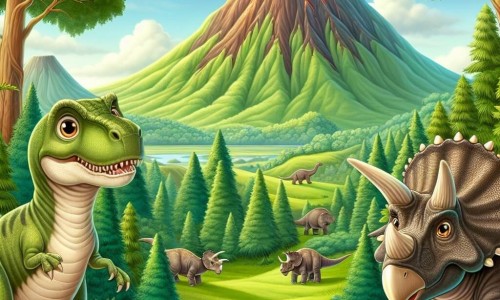 Une illustration destinée aux enfants représentant un jeune tyrannosaure Rex aux yeux pétillants, accompagné d'un imposant tricératops mâle, dans la vallée verdoyante de Cératopsia, entourés de majestueux volcans endormis et d'arbres géants.