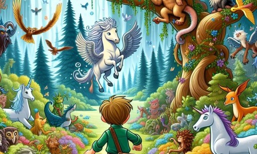 Une illustration destinée aux enfants représentant un jeune garçon intrépide, entouré de créatures fantastiques, explorant une forêt enchantée aux arbres majestueux et aux fleurs multicolores.