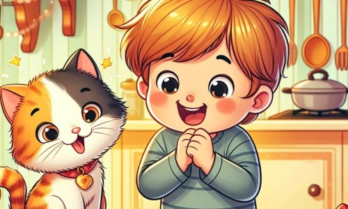 Une illustration destinée aux enfants représentant un petit garçon malicieux préparant une surprise pour sa maman, accompagné de son chat espiègle, dans une cuisine chaleureuse décorée de guirlandes de fleurs.