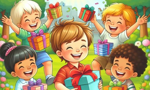 Une illustration destinée aux enfants représentant un petit garçon joyeux fêtant son anniversaire dans un jardin ensoleillé, entouré de ses amis (2 garçons et 2 filles) portant des cadeaux colorés et des sourires éclatants.