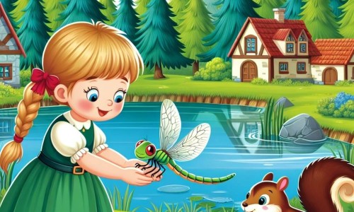 Une illustration destinée aux enfants représentant une petite fille au cœur généreux aidant une libellule blessée, accompagnée de son fidèle écureuil, dans un village pittoresque entouré de grands arbres verdoyants et d'un étang étincelant.