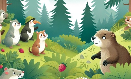 Une illustration destinée aux enfants représentant une marmotte curieuse se promenant dans une forêt verdoyante, accompagnée de ses amis animaux, à la recherche de fraises sauvages.