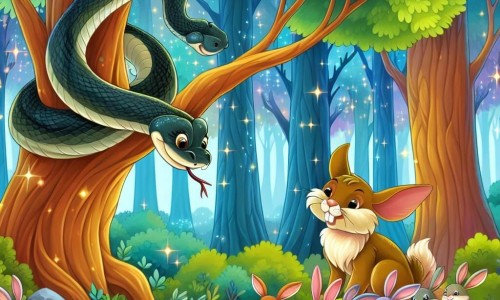 Une illustration destinée aux enfants représentant un serpent malicieux se cachant en se déguisant en branche d'arbre pour jouer un tour à une famille de lapins dans une forêt enchantée aux arbres majestueux et aux couleurs chatoyantes.