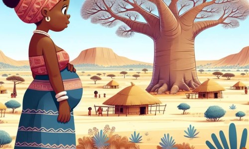 Une illustration destinée aux enfants représentant une sage femme africaine, au cœur d'une savane aride, écoutant les murmures d'un baobab gigantesque, symbole de la sagesse ancestrale, dans un village entouré de majestueux arbres centenaires.