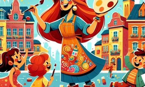 Une illustration destinée aux enfants représentant une artiste talentueuse aux cheveux flamboyants, partageant sa passion pour l'art avec des enfants, dans une ville colorée aux rues décorées de créations artistiques.