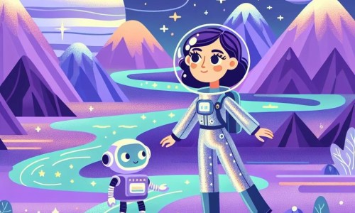Une illustration destinée aux enfants représentant une femme intrépide, vêtue d'une combinaison spatiale scintillante, explorant une planète lointaine remplie de montagnes violettes et de rivières d'étoiles, accompagnée d'un petit robot curieux.