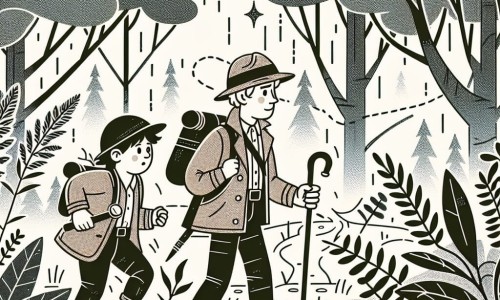 Une illustration destinée aux enfants représentant un explorateur courageux, accompagné de son fidèle ami botaniste, se frayant un chemin à travers une forêt dense et mystérieuse, à la recherche du mystère perdu.