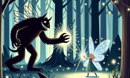 Une illustration destinée aux enfants représentant une fée lumineuse et bienveillante venant en aide à une créature sombre et menaçante, dans une forêt dense et mystérieuse aux arbres frémissants et aux fleurs chatoyantes.