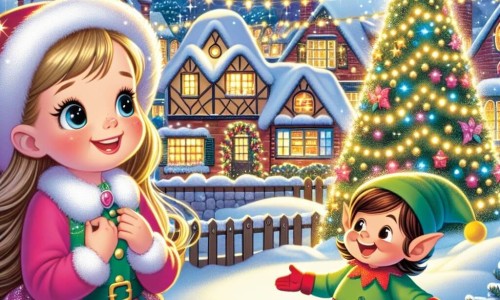 Une illustration destinée aux enfants représentant une fillette émerveillée par la visite d'un lutin joyeux, dans un village enneigé aux maisons décorées de guirlandes lumineuses et un grand sapin scintillant sur la place centrale.