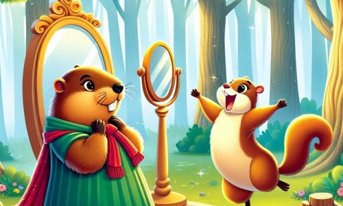 Une illustration destinée aux enfants représentant une marmotte coquette se préparant devant son miroir dans une clairière enchantée, accompagnée d'un écureuil dansant joyeusement, au cœur d'une forêt verdoyante et lumineuse.