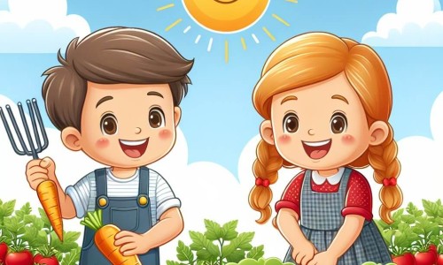 Une illustration destinée aux enfants représentant un petit garçon joyeux cultivant un potager avec sa sœur, dans un jardin ensoleillé rempli de tomates rouges et de carottes orange, mettant en avant l'égalité des sexes.