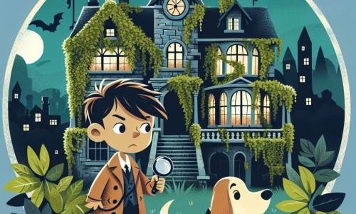 Une illustration destinée aux enfants représentant un détective courageux, un chien détective malin, et un manoir abandonné recouvert de lierre et de mystère.