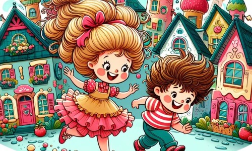 Une illustration destinée aux enfants représentant une petite fille espiègle et pleine d'énergie, accompagnée de son ami garçon aux cheveux ébouriffés, vivant des aventures loufoques et rigolotes dans un village coloré et animé appelé Pomponville.