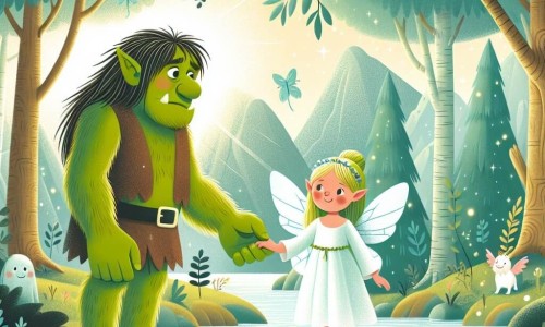 Une illustration destinée aux enfants représentant un jeune ogre effrayé, une fée douce et brillante, se tenant la main dans une forêt enchantée aux arbres centenaires, ruisseaux chantants et montagnes mystérieuses.