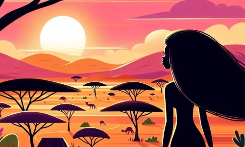 Une illustration destinée aux enfants représentant une femme courageuse aux longs cheveux noirs, une tribu colorée arrivant au village, dans une savane africaine baignée par le soleil couchant.